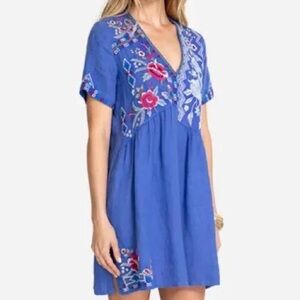 Johnny Was Florence Blue Embroidered Linen Tunic Dress Size S